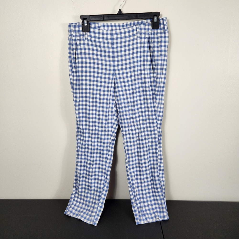 J. Jill Linen Stretch Blue White Gingham Ankle Pants Petite Small Coastal Beachy